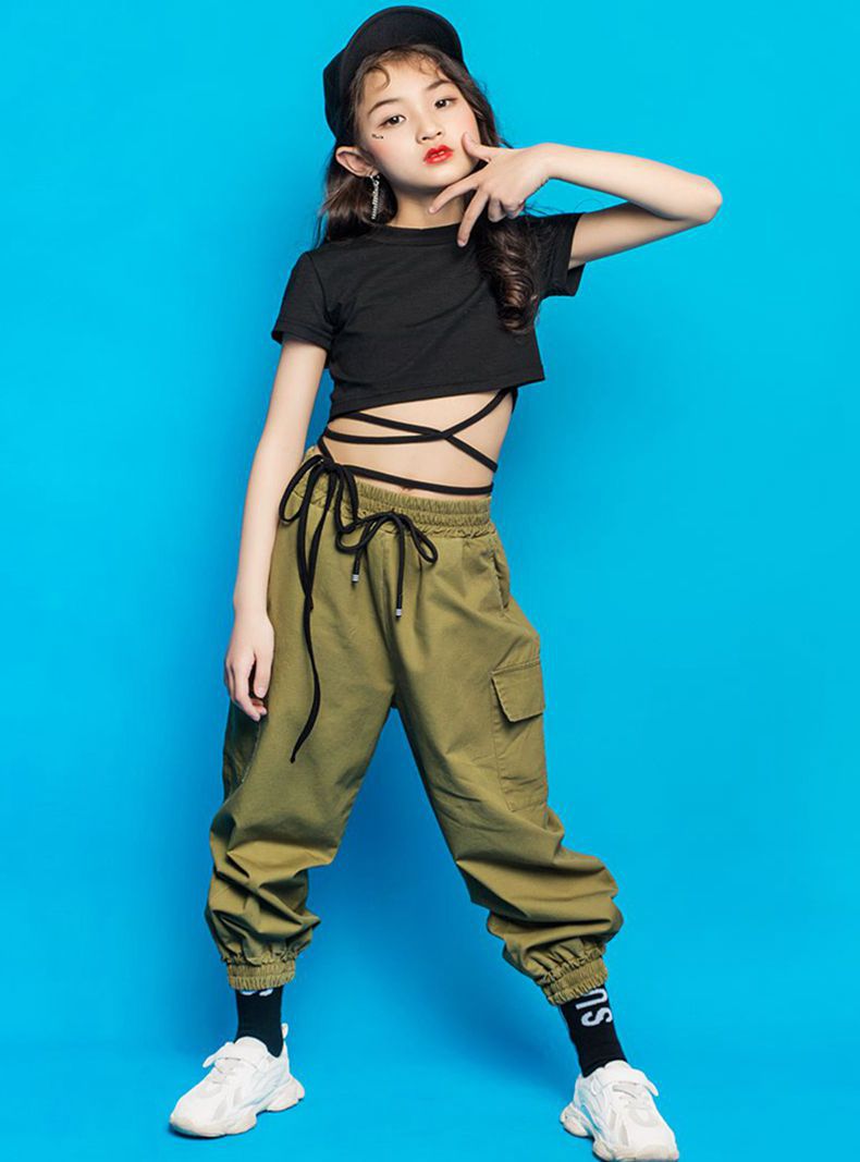 女童爵士舞服装儿童街舞套装女孩露腰长袖春秋款衣服嘻哈演出服潮