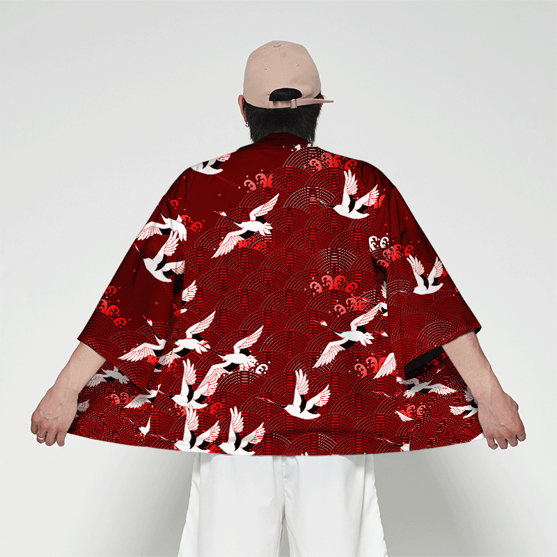 跨境创意动物鹤元素衬衫七分袖 和服开衫宽松大码潮流款男装外套