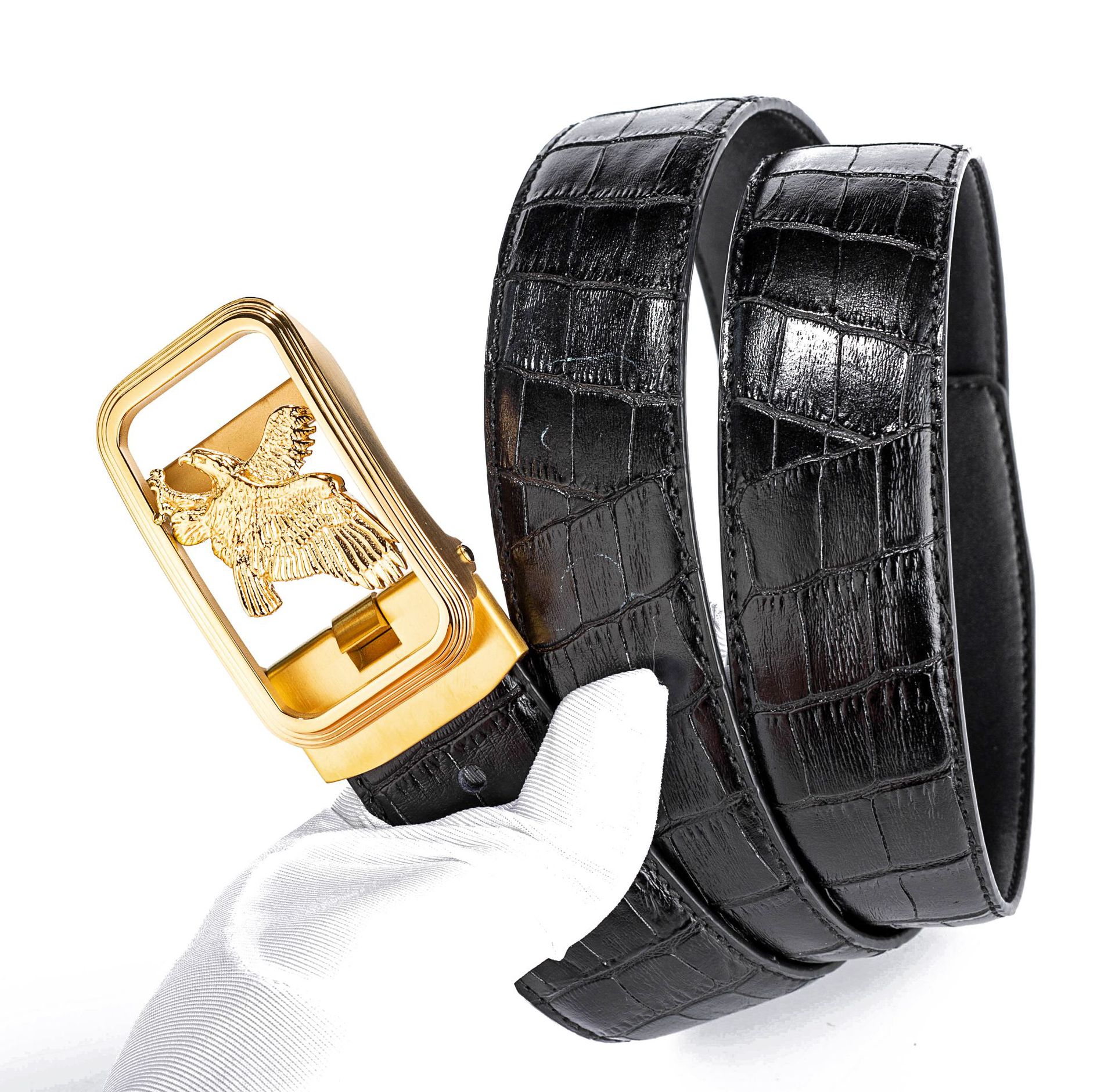 男士钢扣真皮腰带 高端品质 原版鳄鱼纹进口头层牛皮自动扣皮带