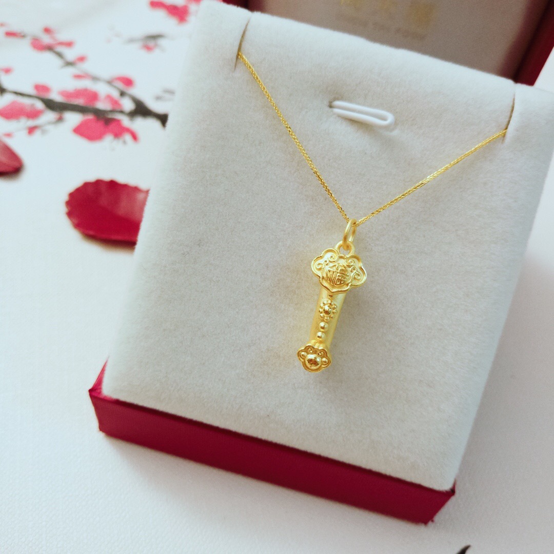 深圳水贝工厂货源 3d硬金足金999如意项链24k纯黄金如意吊坠
