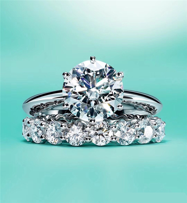 两克拉 星光高碳钻石戒指婚戒对戒六爪925银制镀白金情侣礼物简约