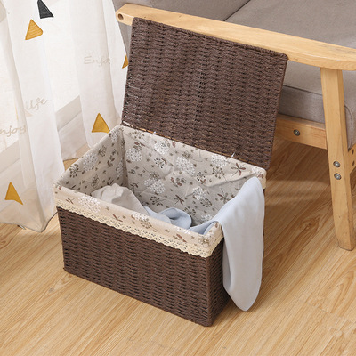草编收纳筐床头收纳篮卧室家用整理箱内衣杂物收纳大号有盖储物箱