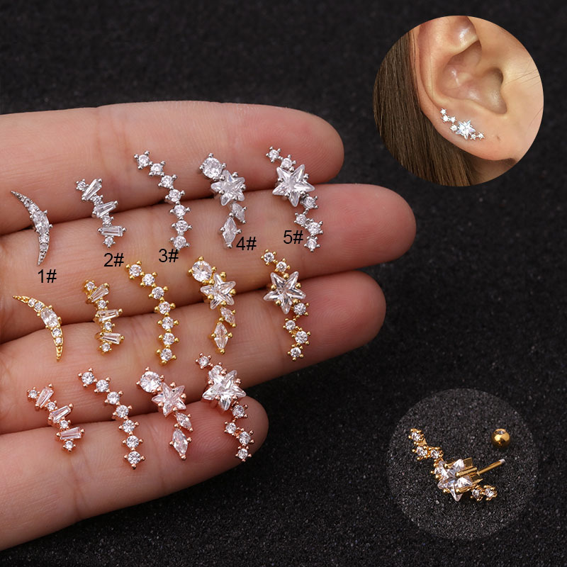 Cross-Border Hot Sale Puncture Stainless Steel Fine Rod Ear Bone Stud Pentagram Zircon Screw Ear Studs Foreign Trade Puncture Ear Rings