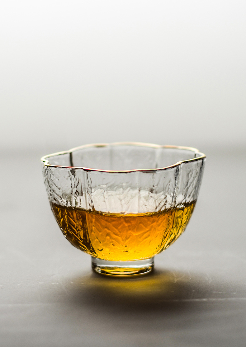 景德镇玻璃花茶杯小水杯子品茗杯功夫茶具透明耐热描金边锤纹圆杯