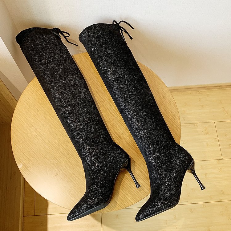 长靴女2019秋季新款韩版百搭中跟粗跟靴尖头绒面高筒靴潮女鞋代发