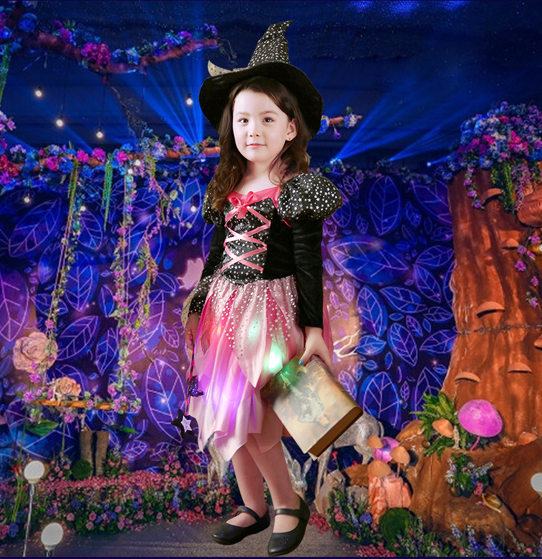 万圣节儿童演出服装cosplay女童带灯巫婆裙化妆舞会女巫表演服饰