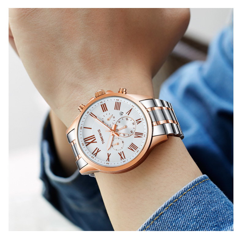 天蔚时新款手表男三眼 多功能运动手表 时尚商务防水夜光男士手表