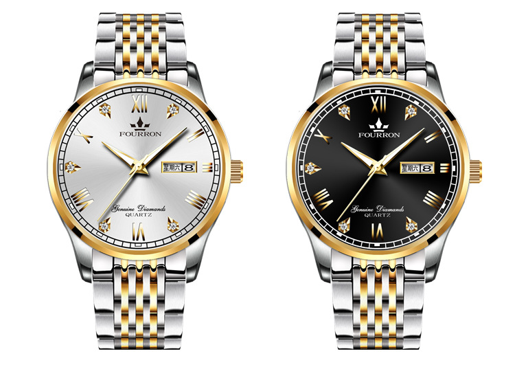 正品翡浪手表男士非机械表男表金色经典超薄钢带防水夜光男石英表