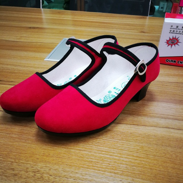 黔城牌女士平绒面宾馆酒店商场礼仪广场舞蹈平底中跟布鞋黑色一带
