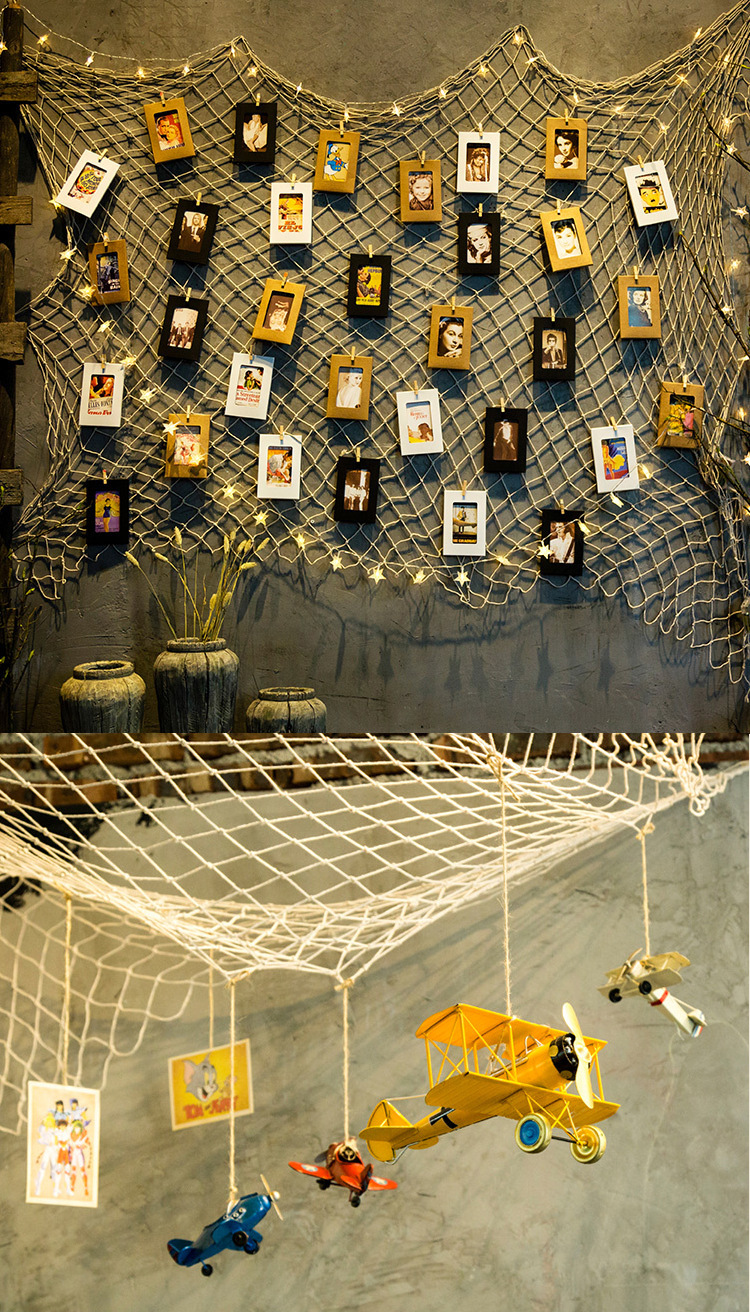 网格照片墙装饰现代渔网简约悬挂纸相框diy相片墙麻绳夹子挂墙