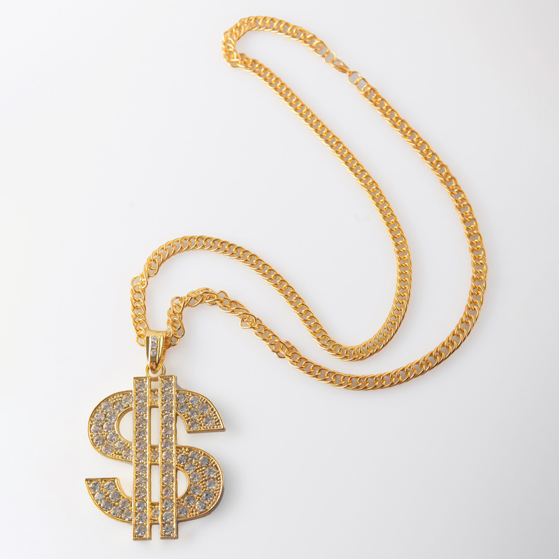 European and American Exaggerated Hip Hop Domineering Coarse Dollar Symbol Necklace Alloy Diamond-Embedded Unique Hipster Hipster Large Pendant Ornament