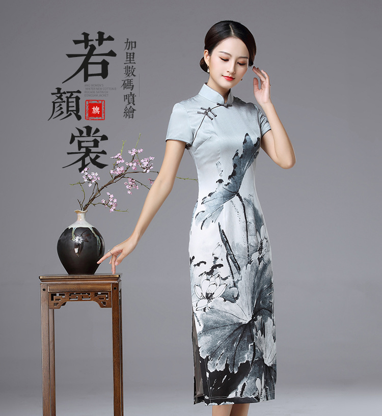 复古民族风水墨画真丝短袖旗袍裙(货号 cy19206)