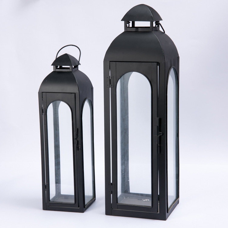 黑白色金属铁艺玻璃防风灯蜡烛台酒店面轻奢软装饰餐桌庭院摆件