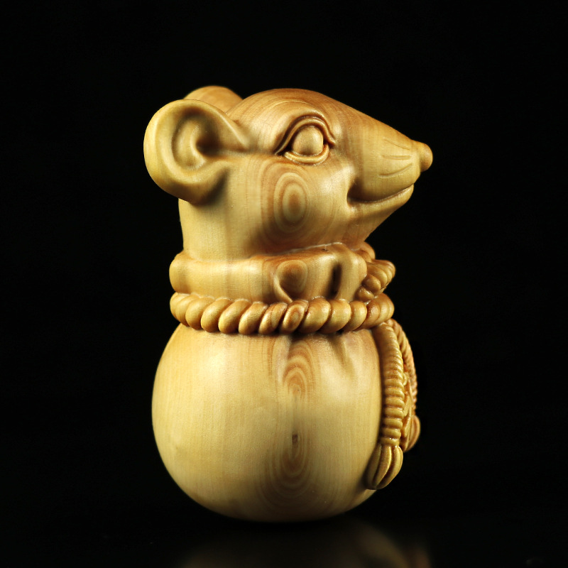 厂家批发代发黄杨木雕手把件十二生肖老鼠福鼠木质家居饰品挂件