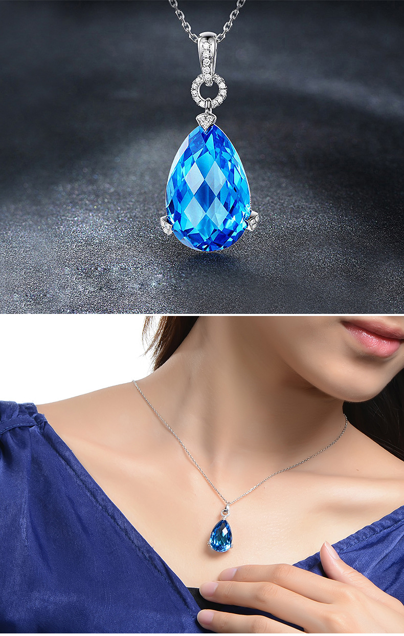 新款气质水滴形海蓝宝石镶嵌锆石彩宝吊坠女锁骨链项链首饰品批发