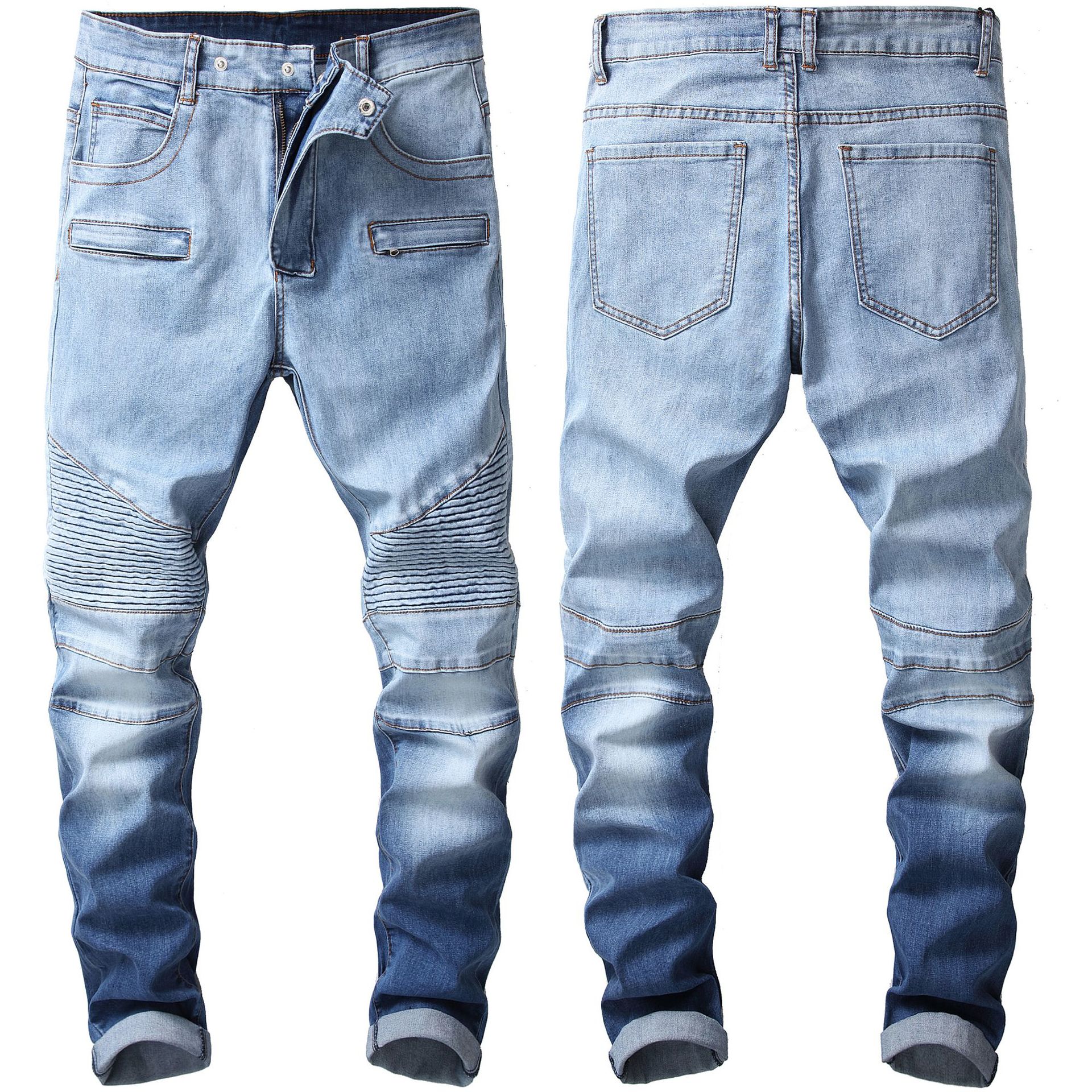 欧美风格褶皱机车裤男2019新款男士牛仔裤潮外贸渐变色男士牛仔裤