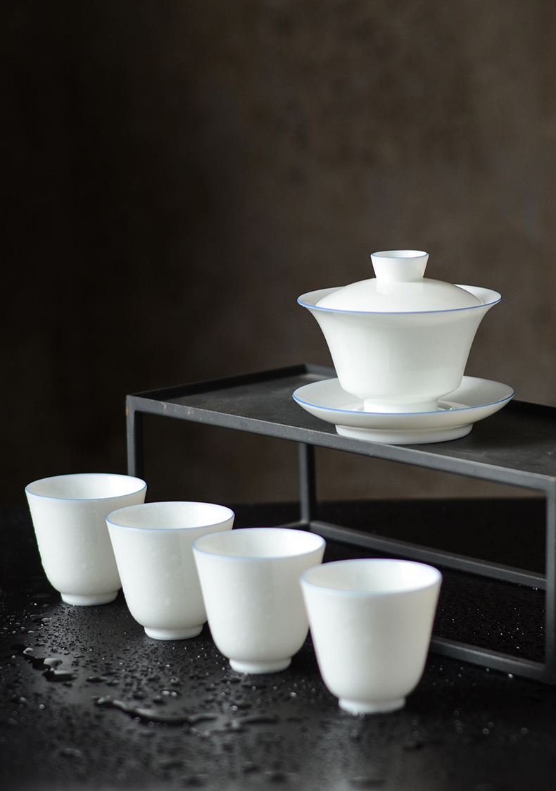 手工甜白盖碗茶杯三才茶碗白瓷景德镇陶瓷功夫茶具泡茶碗四杯套装