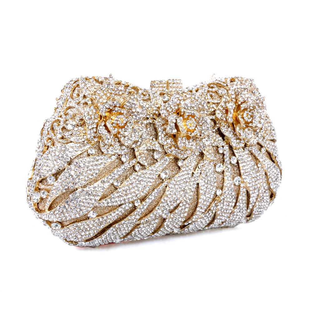 欧美女士宴会包缕空金属玫瑰花钻石水晶晚宴包手工镶钻速卖通代发