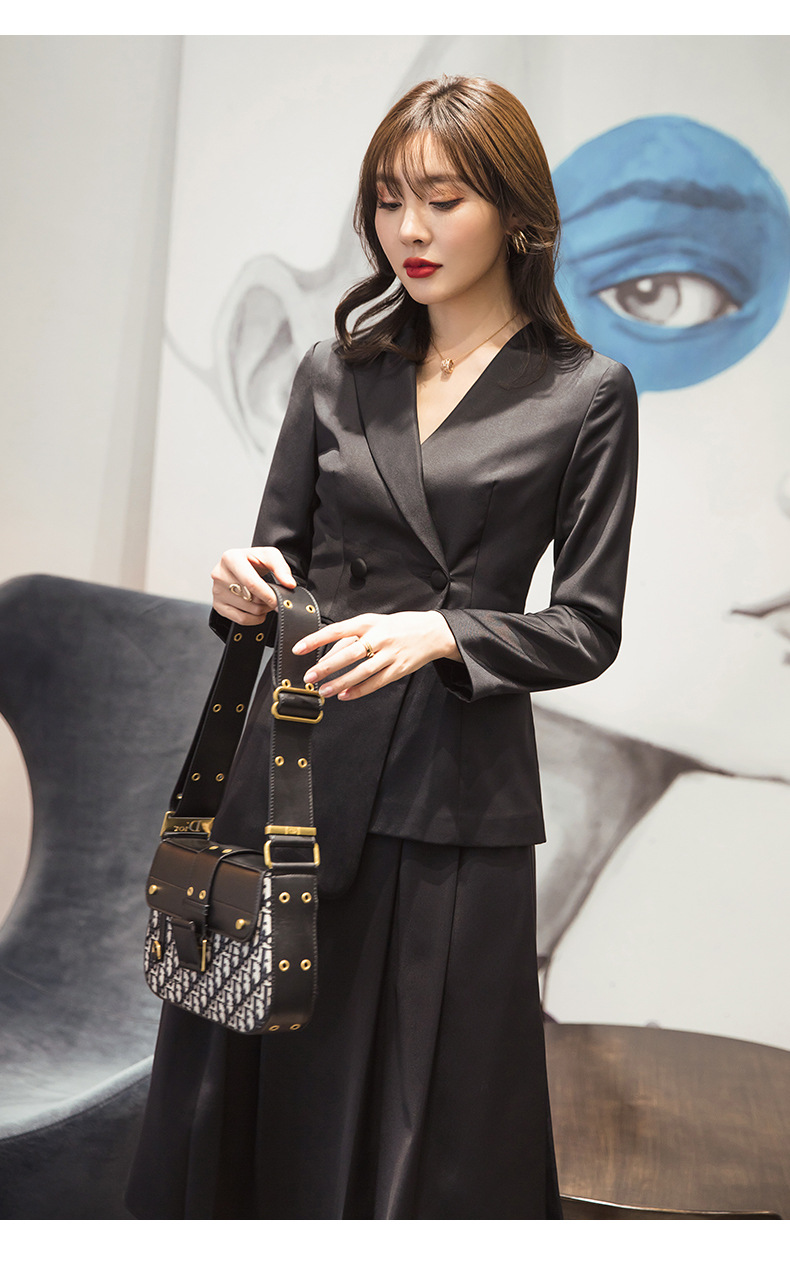 秋冬黑色晚礼服女气场职业气质连衣裙西装套装裙两件套8290