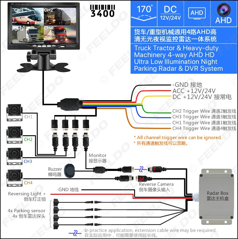 卡车大货车7寸屏360全景行车记录仪ahd倒车摄像头4路监控倒车雷达