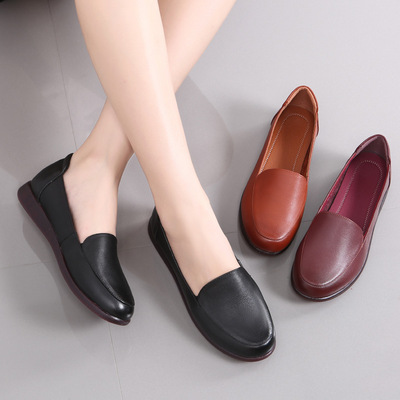 真皮女士单鞋平底皮鞋软底防滑妈妈鞋平跟四季鞋大码女鞋一件代发