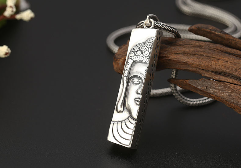 批发s925纯银潮流个性镂空男士吊坠阿尼陀佛一半佛相项链挂坠