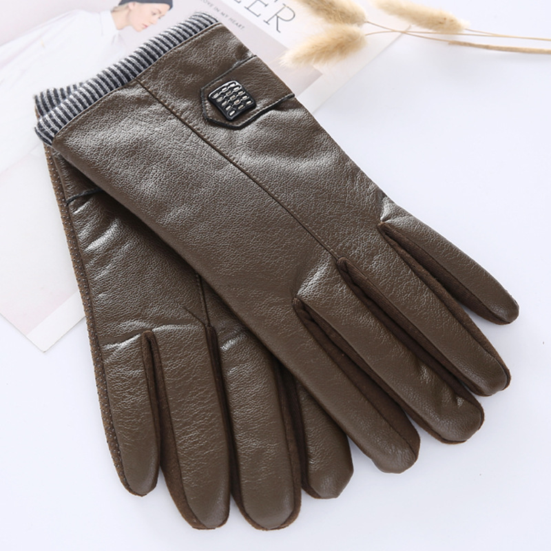 Pu Gloves Men's Winter Thickened Velvet Padded Warm Gloves Cycling Motorcycle Cold-Proof Gloves Leisure Leather Gloves