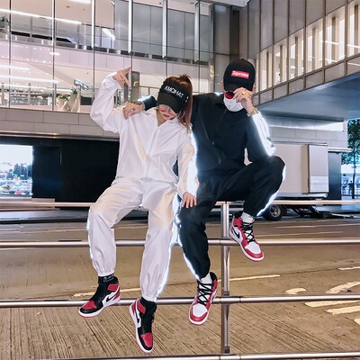 春秋季复古情侣运动套装反光条街舞ins国潮嘻哈男装两件套dj宽松