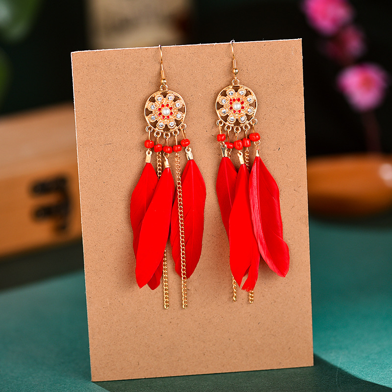 Hollow Feather Earrings Mixed Color Ethnic Style Tassel Long European and American Earrings Bohemian Bead Ear Jewelry Wholesale