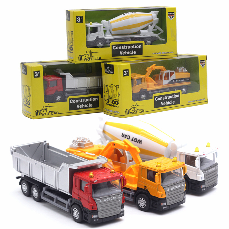 9款合金回力工程车消防车运输车挖掘机环卫垃圾车模型 玩具车模