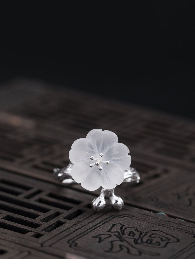复古水晶花女式开口戒指s925银古风花卉手饰礼物纪念银饰批发代发