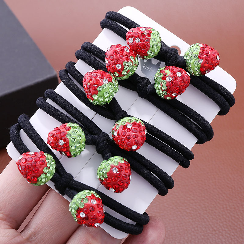 Korean Style Red Set with Diamonds Strawberry Rubber Band Hair Accessories New Knotted Head Rope 2 Yuan Store Hair Ring Hair Rope Wholesale