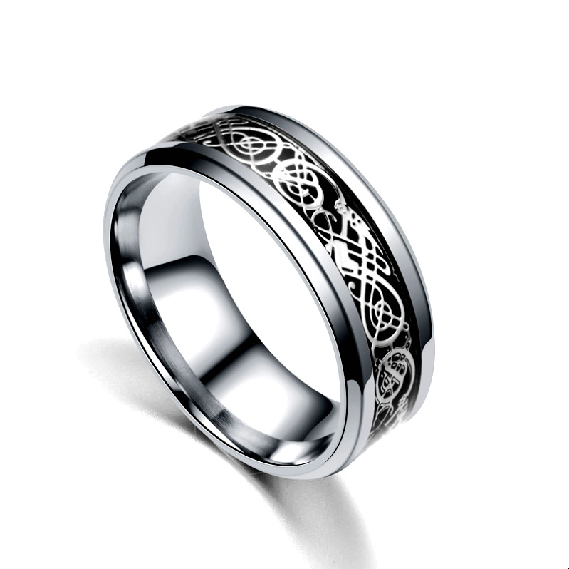 Cross-Border Hot Ornament Titanium Steel Stainless Steel Dragon Pattern Ring Couple European and American Fashion Men's Ring Wholesale