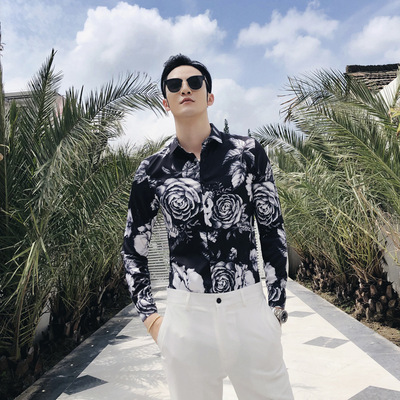 香港潮牌花色衬衫男韩版印花水墨花朵秋季潮流修身花衬衣青年男士