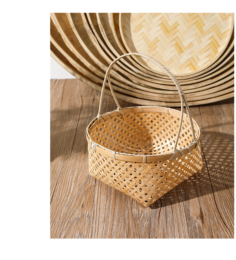 竹编工艺品手提圆形家用编织水果菜篮子手工竹篮竹筐