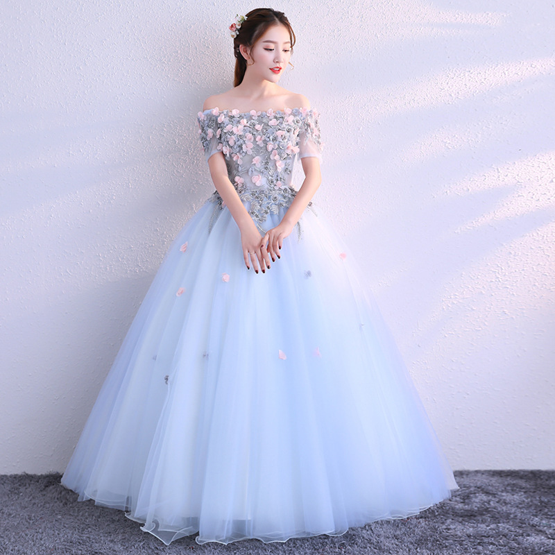 浅蓝色彩纱女2021新款宴会优雅钢琴艺考礼服女学生独唱表演服