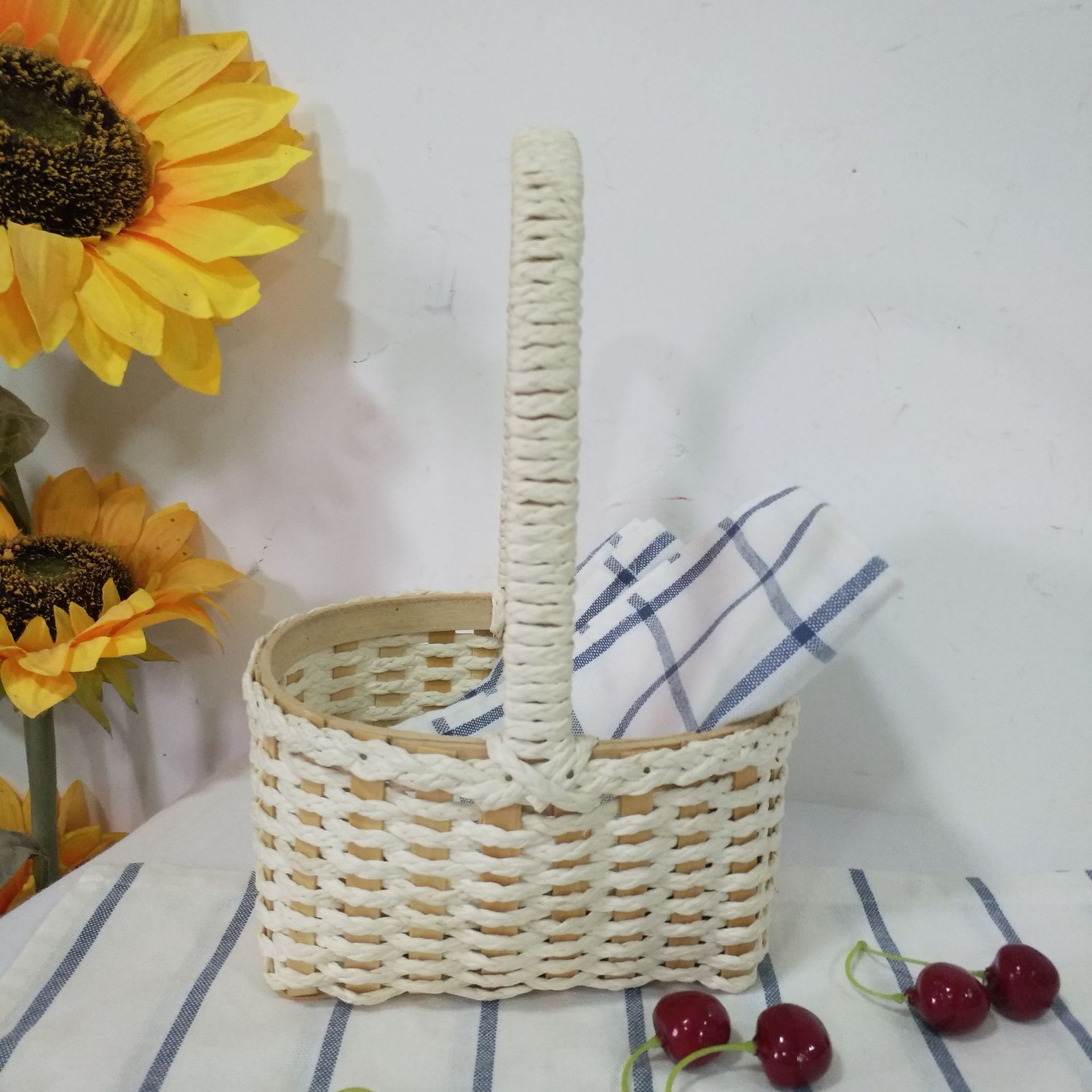 木片纸绳混编织手提礼品包装篮子插花篮子杂物收纳篮子