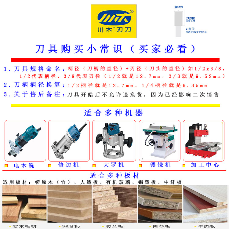 台湾川木公制直刀1/2x6mmx22mm 修边机雕刻机开槽刀木工刀具铣刀