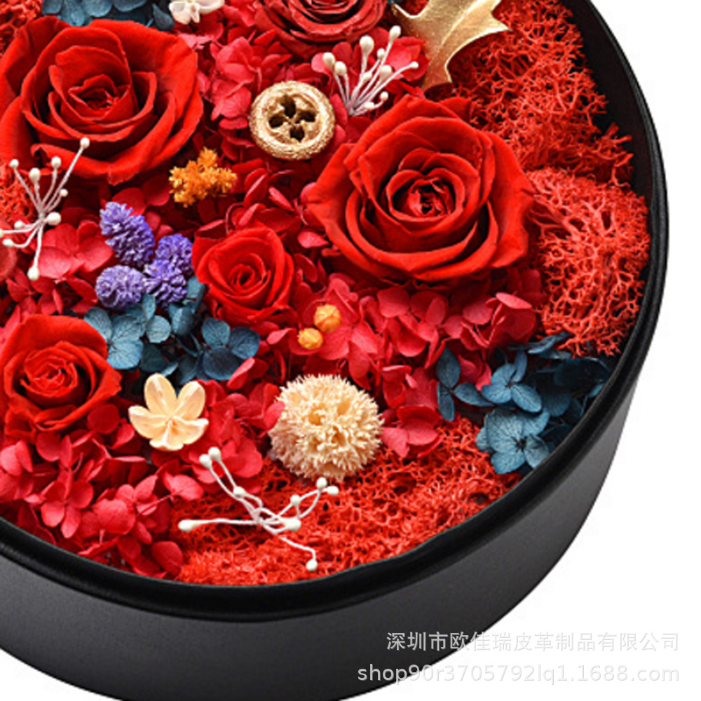 定制创意手工礼品盒 圆形玫瑰花花盒 皮质永生花包装盒