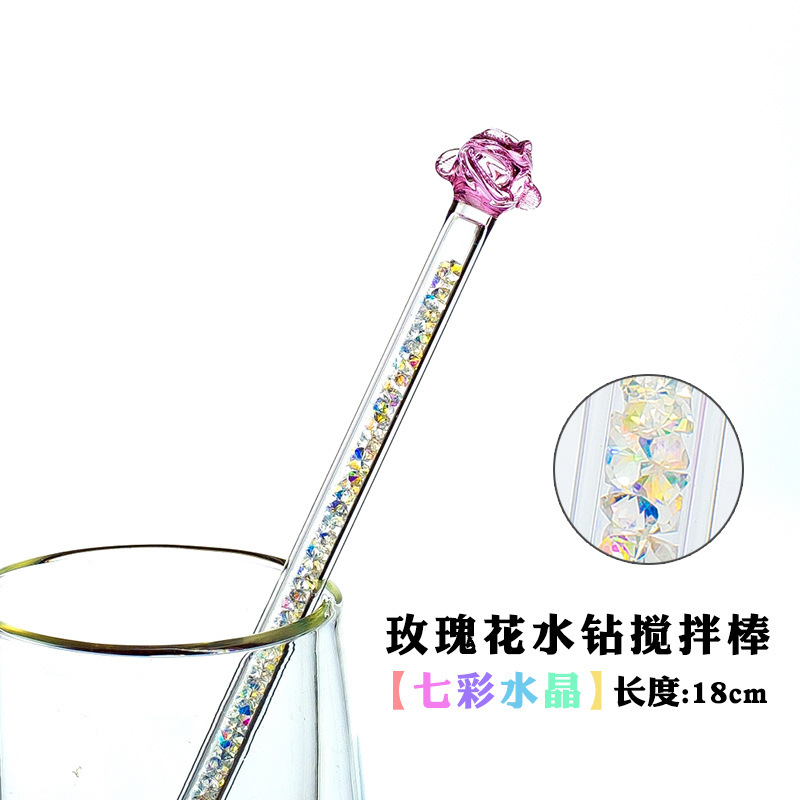 Customized Qixuan Rose Rhinestone Glass Coffee Milk Powder Milk Tea Drink Juice Glass Stirrer