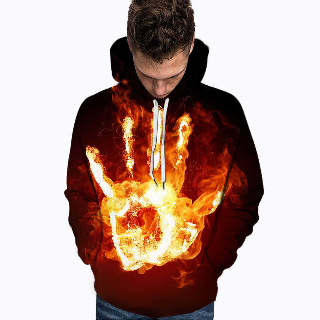 冬季新时尚欧美火焰手掌印花潮流街头风男士连帽卫衣4717