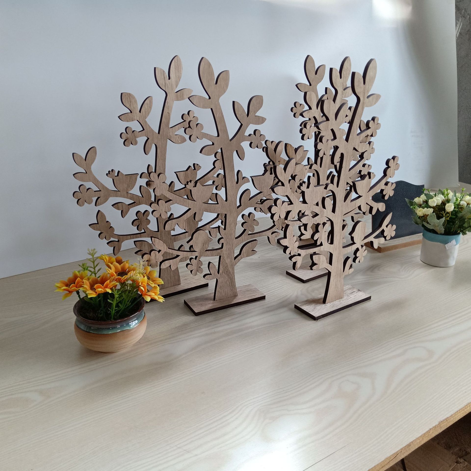 欧美畅销泡桐树纹色激光木质春天树摆件木制圣诞树装饰品摆台