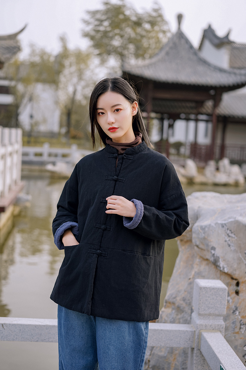 2019冬新款棉麻女装复古立领亚麻盘扣棉服女式夹棉保暖棉衣