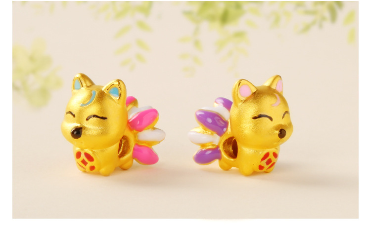 镀黄金3d金色狐狸桃花运礼物礼物缅甸砂金转运珠九尾狐皮绳手链女