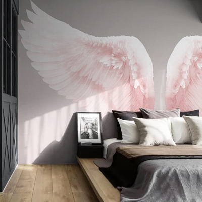 壁纸卧室现代简约墙布粉色天使翅膀墙纸网红拍照直播背景装饰墙布