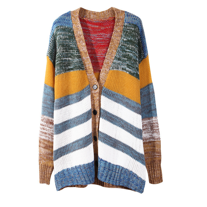 粗棒拼色长袖毛衣图片