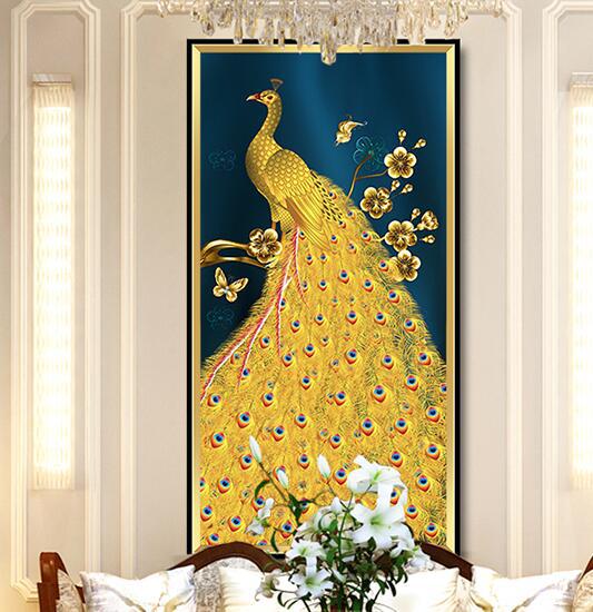 新中式简约金孔雀玄关装饰画挂画客厅走廊贴钻diy