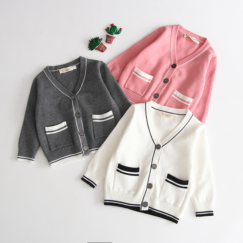 2020秋季新款男女宝宝罗纹夹色开衫毛衣婴幼儿纯棉v领双口袋上衣