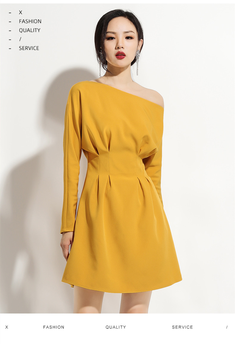 2019新款连衣裙秋冬小个子姜黄色斜肩气质聚会长袖修身显瘦网红裙