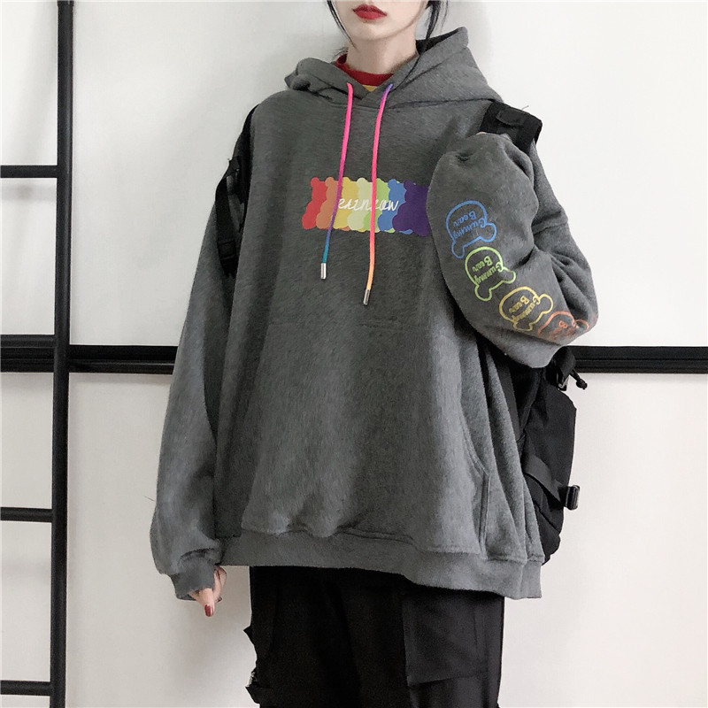 白色连帽cec卫衣女韩版潮秋冬季宽松加绒加厚学生ins外套日系小熊